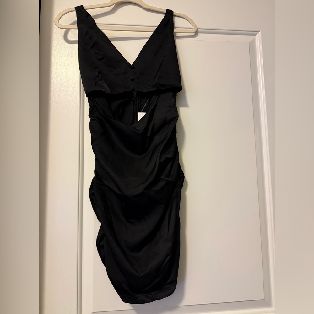 Zara black satin like mini dress, very flattering with mid section opening